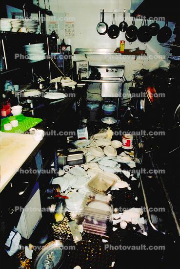 Dishes in a Restaurant Kitchen, Sausalito, Loma Prieta Earthquake (1989), 1980s