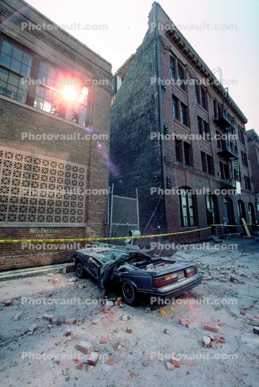 Bricks, Crushed Car, south of Market, SOMA, Loma Prieta Earthquake (1989), 1980s