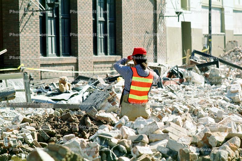 Worker, Teddy Bear, Bricks, south of Market, SOMA, Loma Prieta Earthquake (1989), 1980s