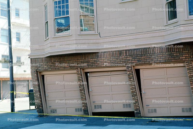 Garage Doors Bent, Tilted, Marina district, Loma Prieta Earthquake, (1989), 1980s