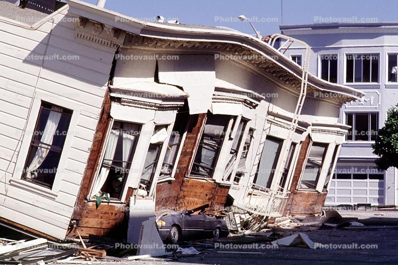 Collapsed Home, Crushed Automobile, Marina district, Loma Prieta Earthquake (1989), 1980s