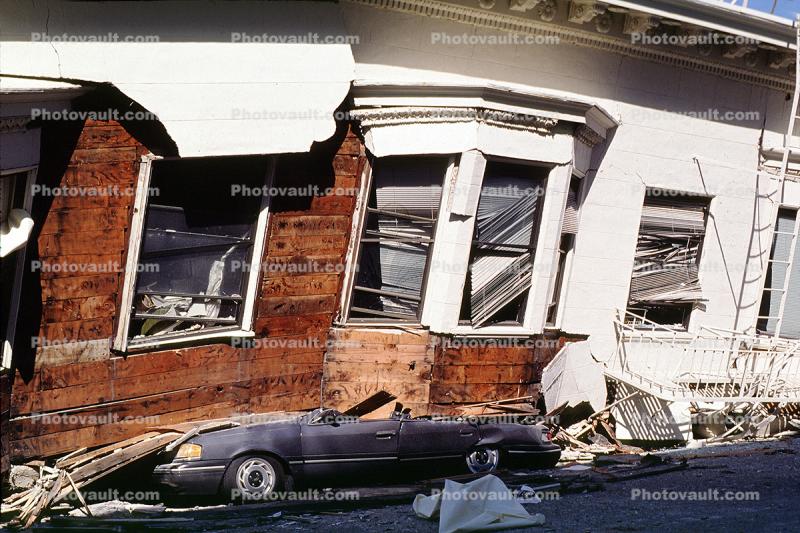 Collapsed Home, Crushed Automobile, Marina district, Loma Prieta Earthquake (1989), 1980s