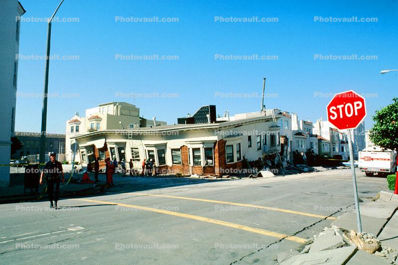 Stop Sign, Crosswalk, Collapsed House, Marina district, Loma Prieta Earthquake (1989), 1980s