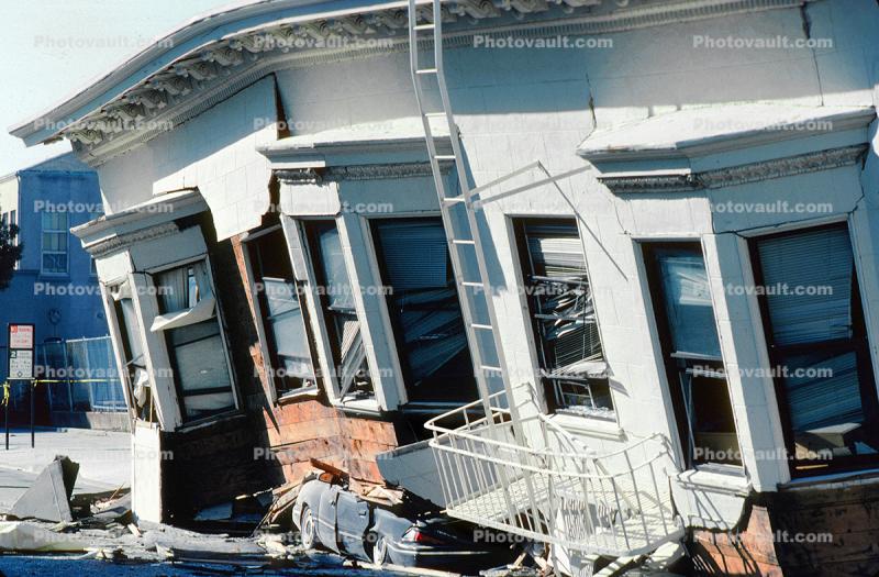 Collapsed Home, Crushed Car, Marina district, Loma Prieta Earthquake, (1989), 1980s