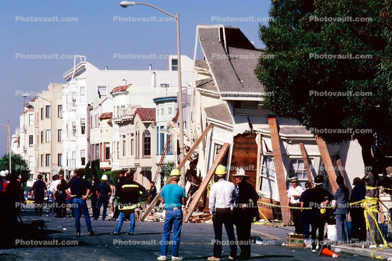 Collapsed Home, Rescuers, Marina district, Loma Prieta Earthquake, (1989), 1980s