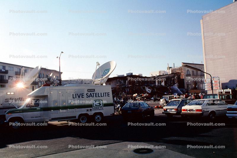 Live Satellite Feed, Van, Fillmore Street, Marina district, Loma Prieta Earthquake (1989), 1980s