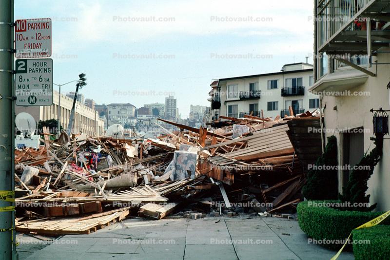 Rubble, Fillmore Street, Marina district, Loma Prieta Earthquake (1989), detritus, 1980s