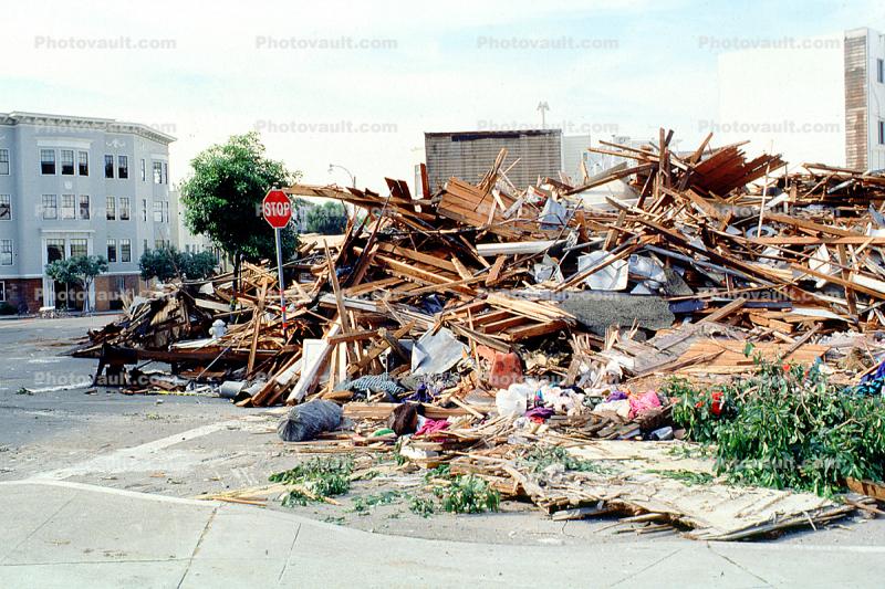 detritus, rubble, Stop Sign, Fillmore Street, Marina district, Loma Prieta Earthquake (1989), 1980s