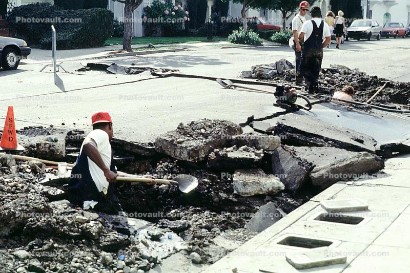 Workers, Workmen, Shovel, Marina district, Loma Prieta Earthquake (1989), 1980s
