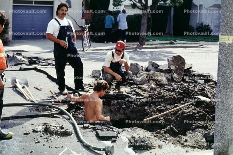 Workers, Workmen, Water Pipes, Marina district, Loma Prieta Earthquake (1989), 1980s