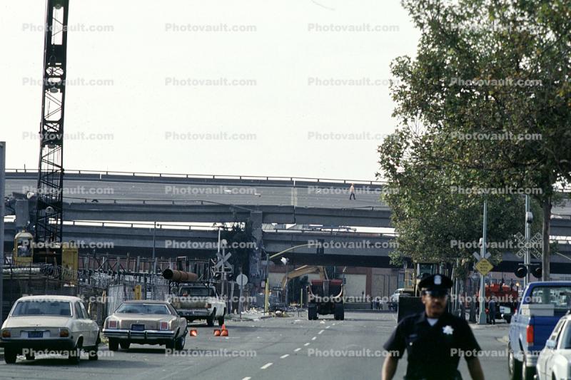 Cars, Policeman, Crane, Cypress Freeway collapse, Loma Prieta Earthquake (1989), 1980s
