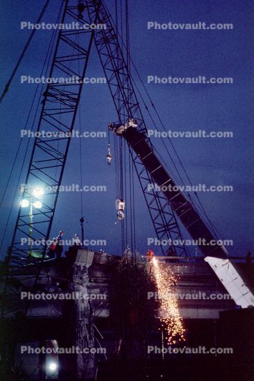 Welding Sparks, Crane, Pancake Collapse, Cypress Freeway, Loma Prieta Earthquake (1989), 1980s