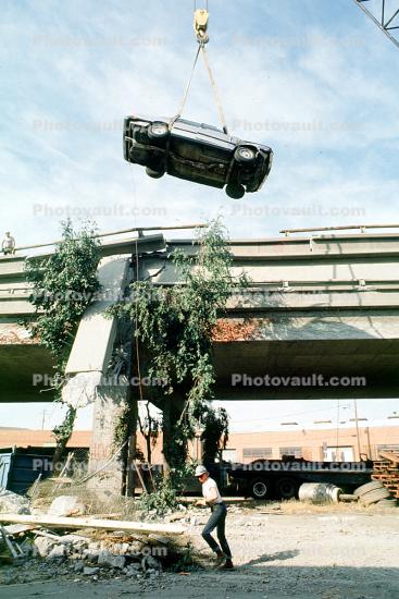 Lifting a Destroyed Car, Cypress Freeway, pancake collapse, Loma Prieta Earthquake, (1989), 1980s