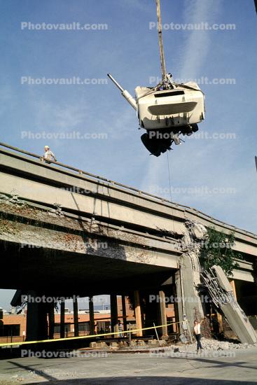 Lifting a Destroyed Truck, pancake collapse, Loma Prieta Earthquake, (1989), 1980s