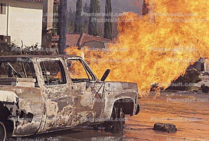 Gas Main Break, Fire, Flames, Pcikup truck, Northridge Earthquake Jan 1994