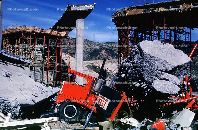 Crushed Crane, boulders, Freeway Construction Damage, Interstate Highway I-5