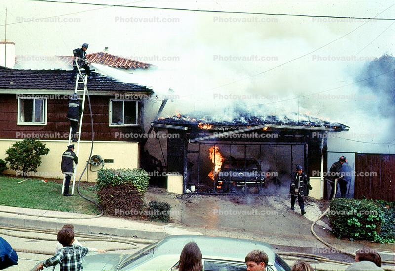 Burning Garage, driveway, Point Loma, Loma Portal, Willow Street, San Diego, 1960s