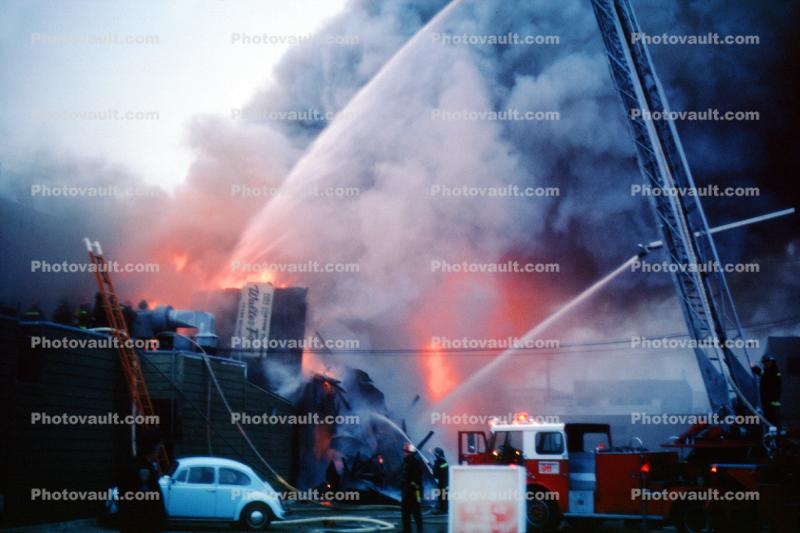 Aerial Ladder, flames, Volkswagen Car, smoke