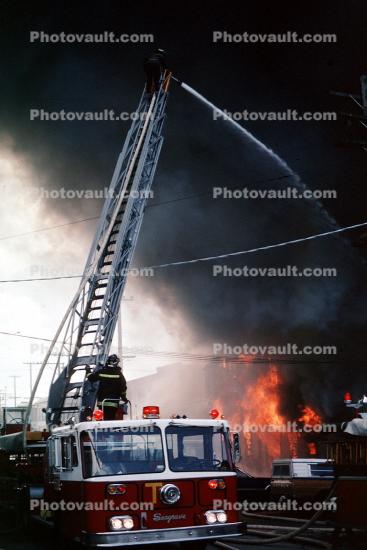 Aerial Ladder, Flames, Thick Black Smoke, Seagrave, Mission District