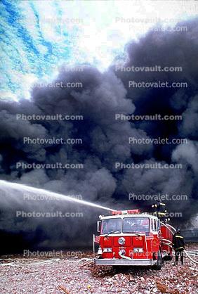thick black smoke, water, Seagrave Truck, Fire Engine