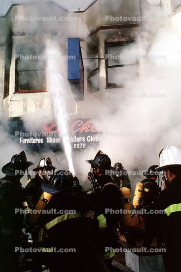 Spraying Water, Hose, Fireman, Smoke, SCBA