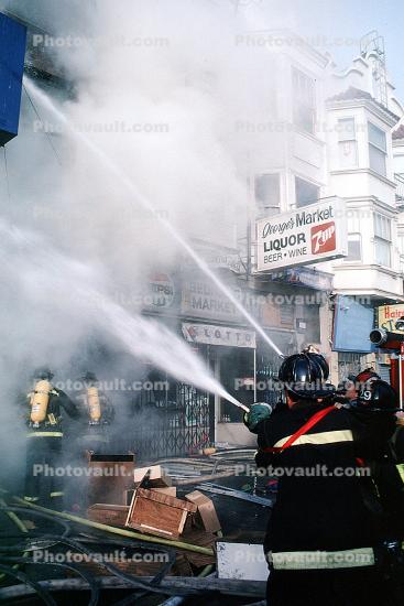 Spraying Water, Hose, Fireman, Smoke