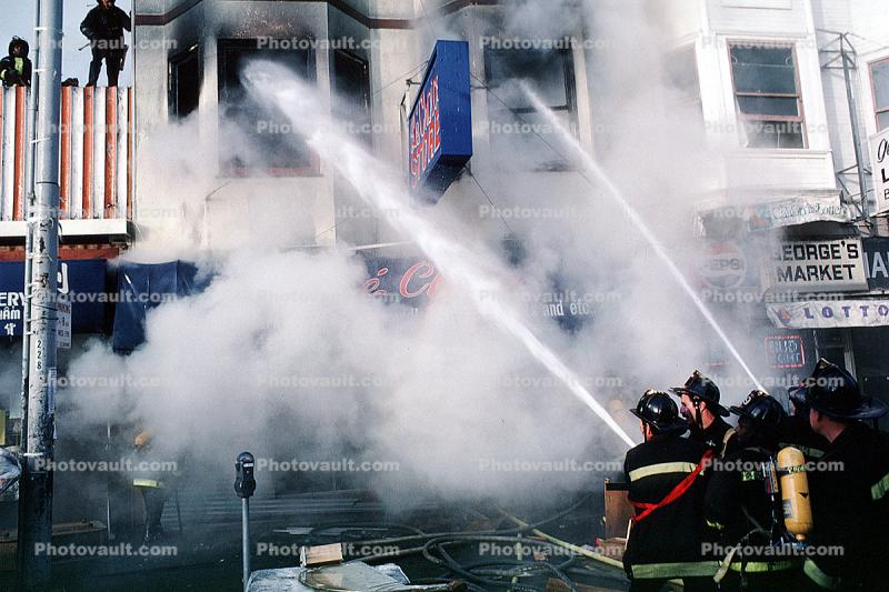 Spraying Water, Hose, Fireman, Smoke