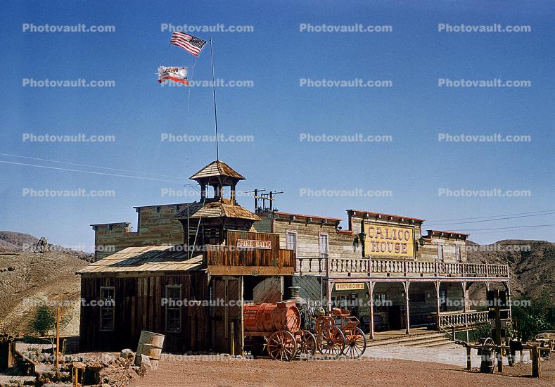 Firehouse, flags, building, Horse-drawn Steam Pumper, Pump, Calico Fire Dept., California, water tender