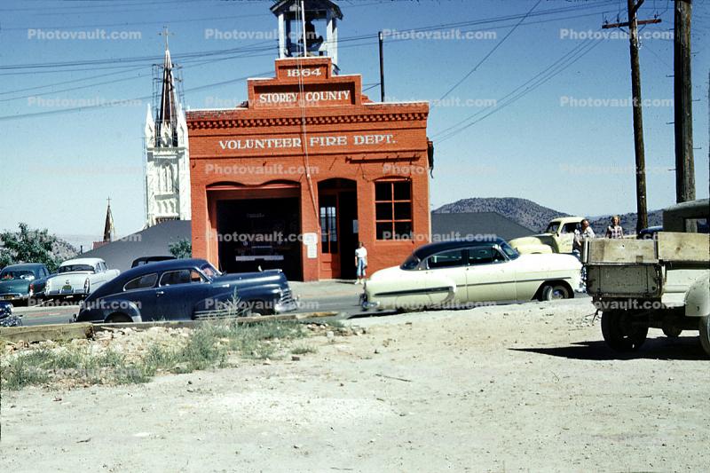 parked cars, vehicles, Storey County Volunteer Fire Dept, Firehouse, Garage, building, 1864 Building, 1950s