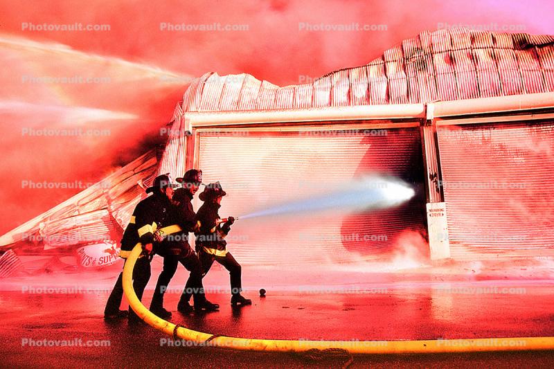 Firefighters Spraying Water, Garage, Paintography
