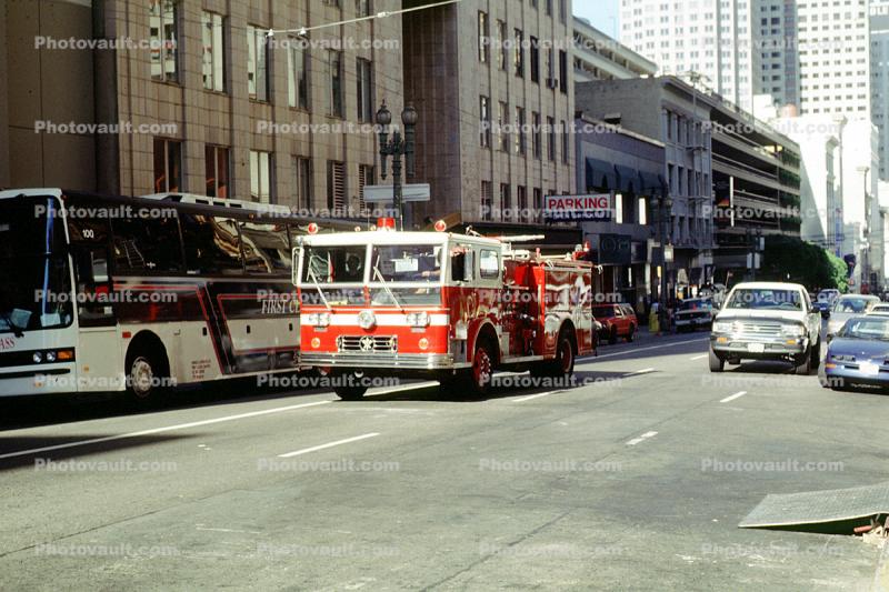 Fire Engine, downtown, cars, bus