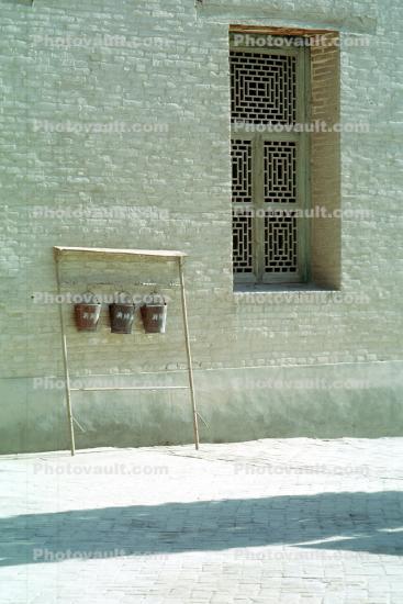 Fire Buckets, low tech, window, Kashgar Xinjiang China