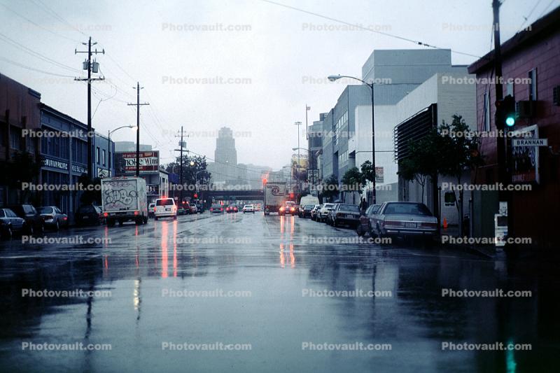 Wet Street, rain, cars, Brannan Street, SOMA