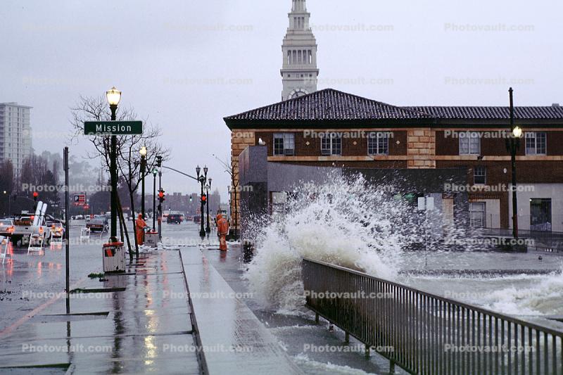 The Embarcadero, Waves splashing, Flooded Street, sidewalk, Global Warming