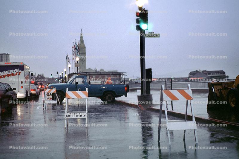 The Embarcadero, Flooded Street, sidewalk, traffic signal