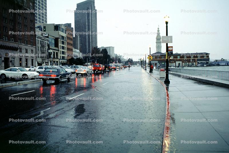 The Embarcadero, Flooded Street, sidewalk, High Tide, Rain, Showers, cars