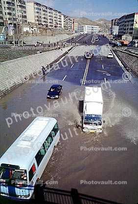 Flooded Streets, bus, truck, road