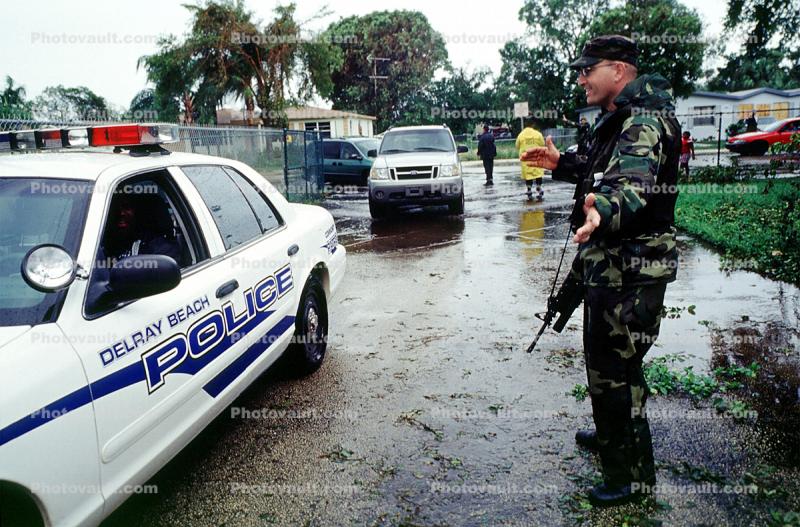 Police Car, National Guard Soldier, Rifle, flooding, flood, Delray Beach, Hurricane Francis, 2004