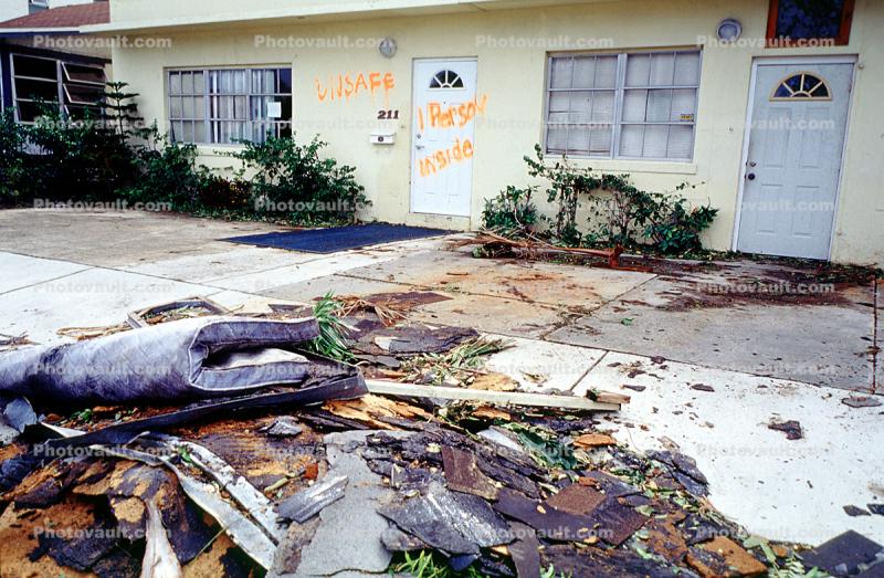 unsafe house, home, building, rubble, detritus, Hurricane Francis, 2004