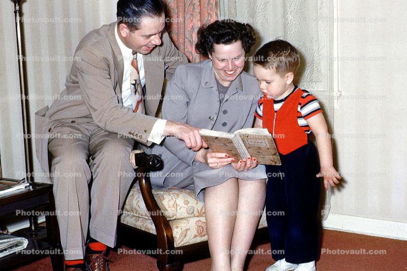 Mom, Dad, Son, smiles, 1950s