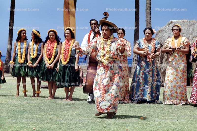 Women Dancing, Leis, dress, string bass, Hawaii, Hula