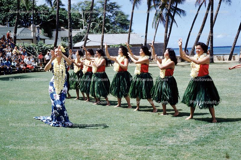 Hula Dancers, women, Grass Skirts, Lei, September 1959