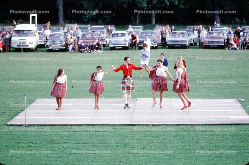 Scottish, man, woman, kilt, cars, guy, Lady, Women, Female, skirt, dress, field, Scotland, dance floor, June 1969, 1960s