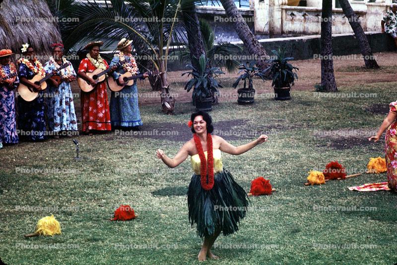 Dancers, Guitar Players, Women, grass skirts, lei, Ethnic Costume, natives, Hula, Hawaiian, March 1964, 1960s