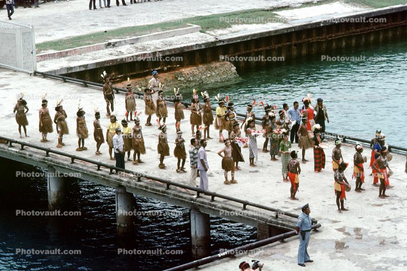 Dancers Greeting a Cruise Ship, Docks, Harbor, Biak City, Kota Biak, Cenderawasih Bay, Indonesia, Papua