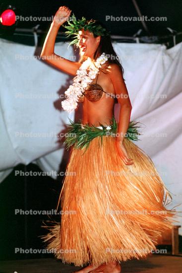 Woman, Lei, grass skirt, native, coconut bra, People, Hawaiian, Hula