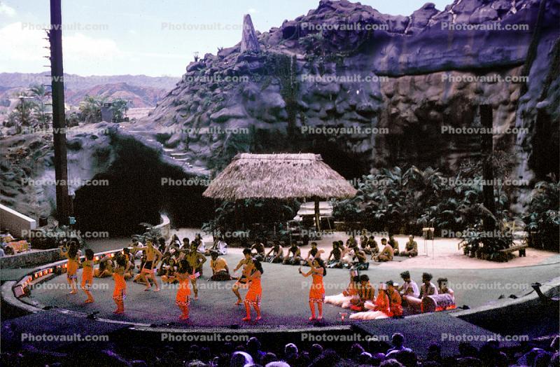 Stage, grass hut, Hawaiian, Hula, March 1979, 1970s