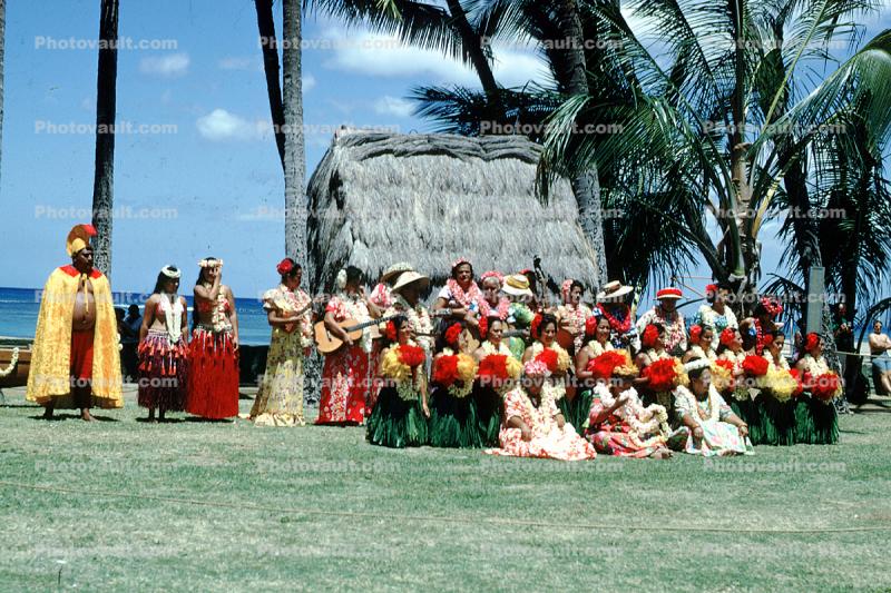 Hawaiian, Hula, ethnic costume, grass hut, palm trees, July 1963, 1960s