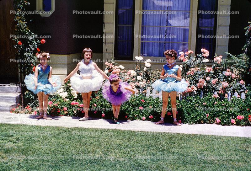 Ballerina, Tutu, Frontyard, Home, Lawn, Roses, 1950s