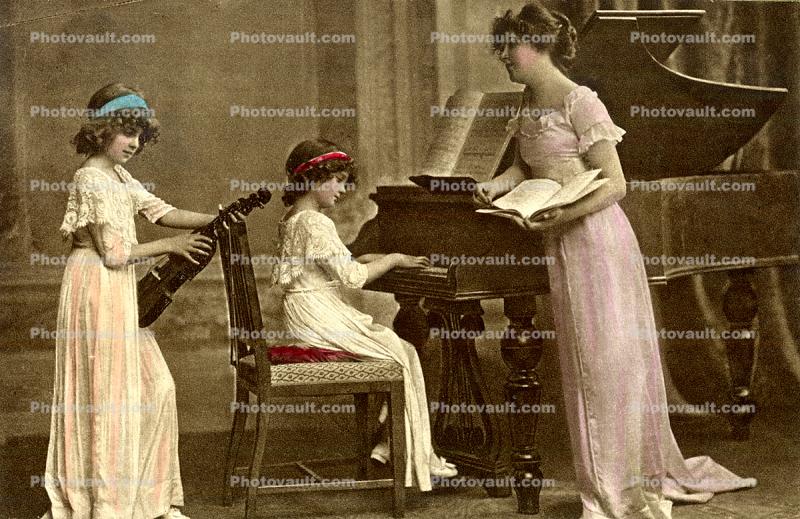 Woman Singing, Grand Piano, Girls, Violin, formal dress, hairbands, RPPC, 1910's